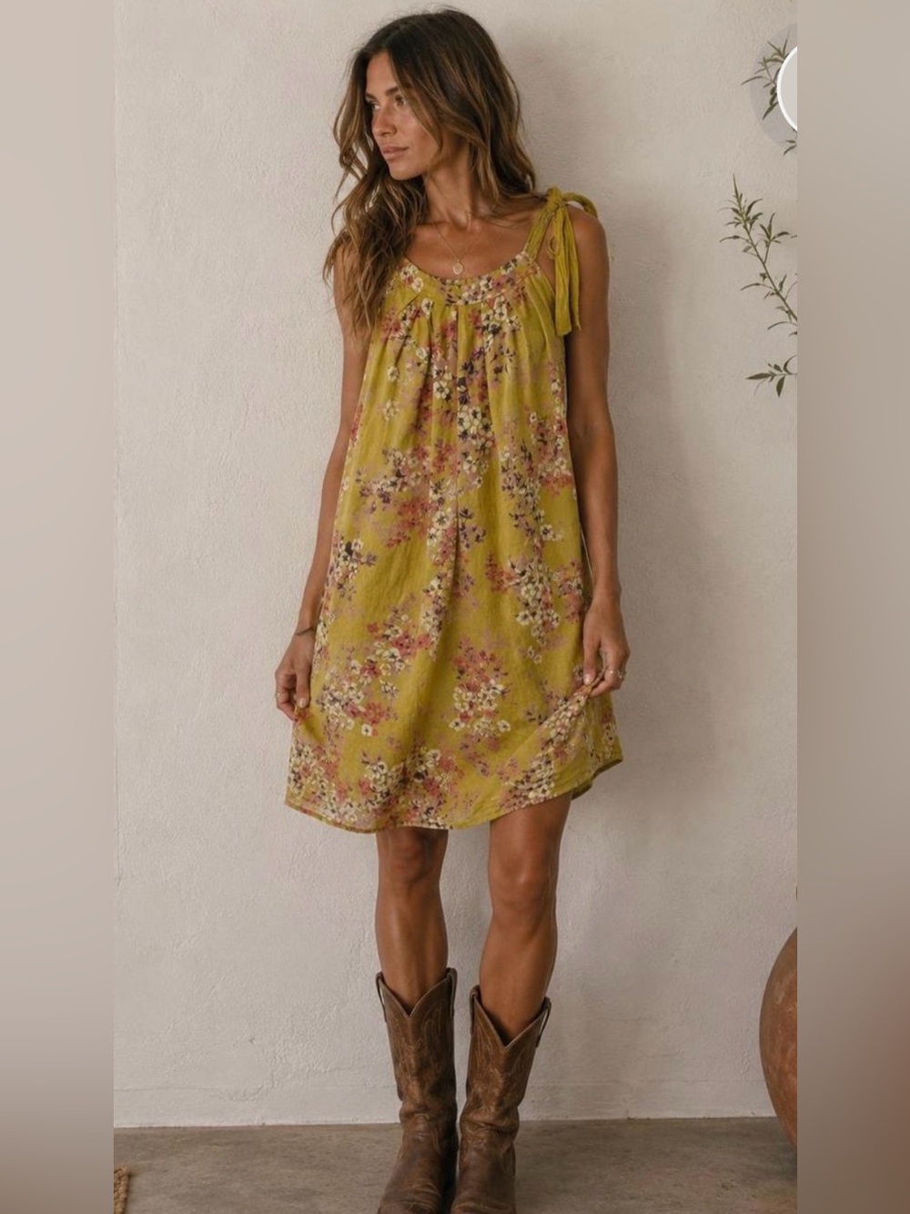 BELLAMBRA Made In Italy Linen Floral Tie-Shoulder Sundress in Mustard